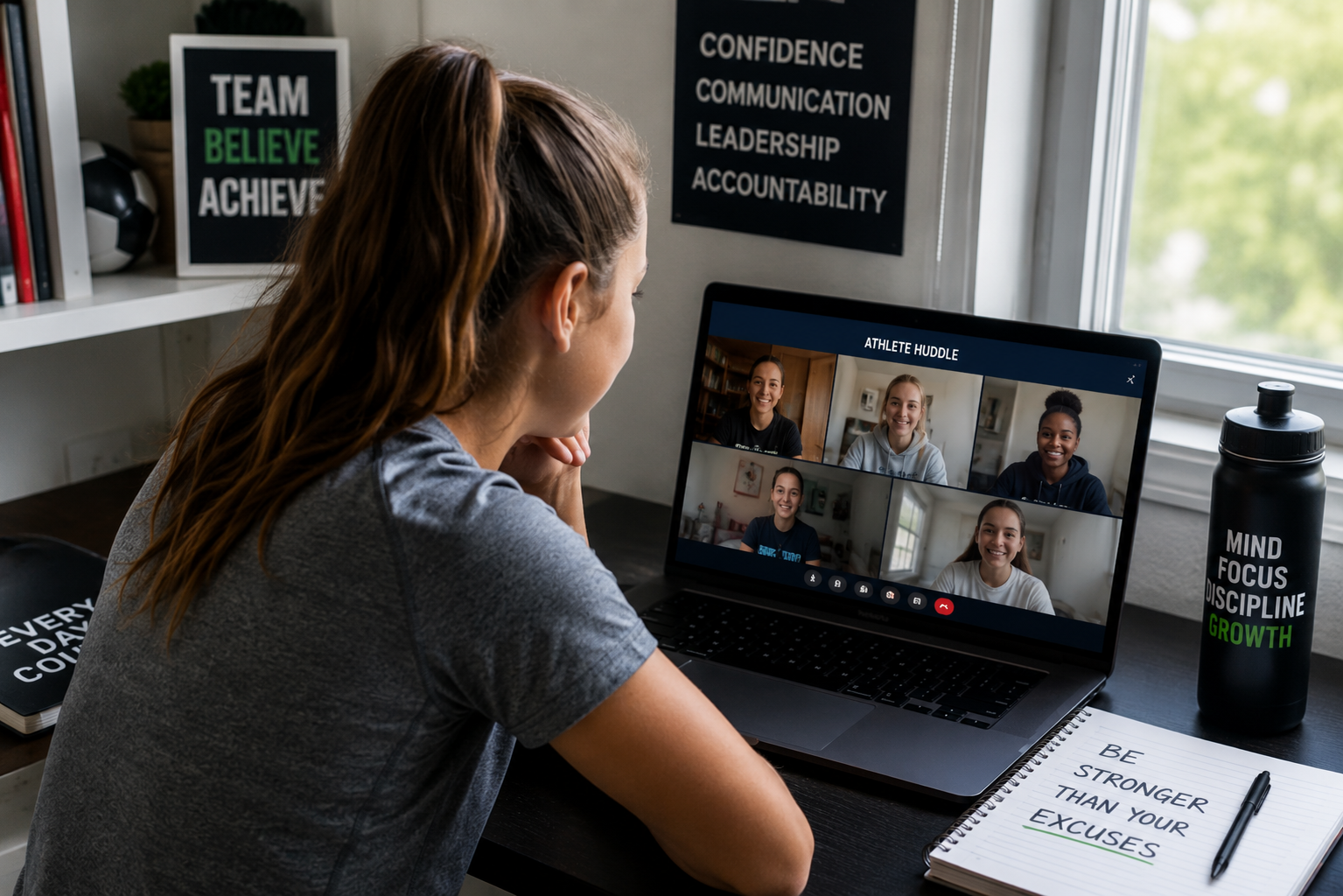 Athlete joining a virtual Athlete Huddle mentorship session on laptop