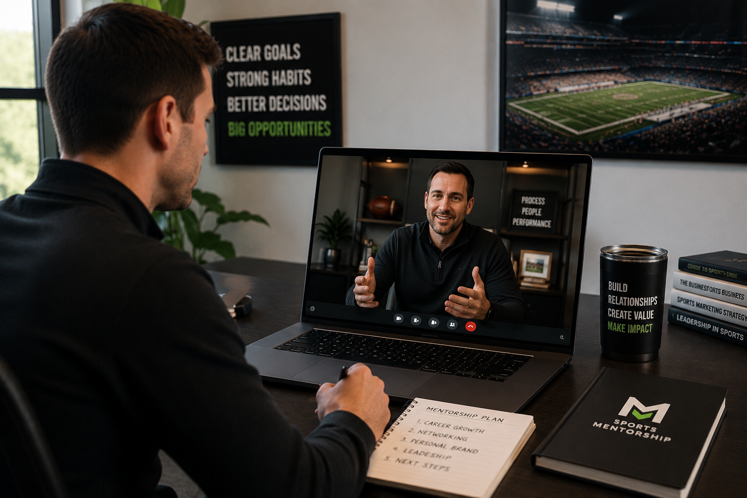 Sports business professional receiving one-on-one virtual mentorship