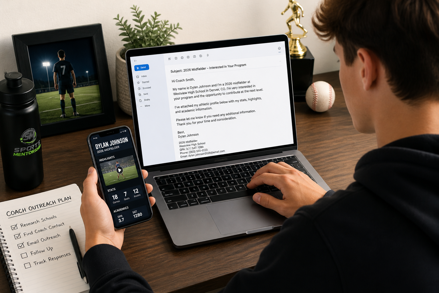 Athlete reviewing recruiting email on laptop and phone