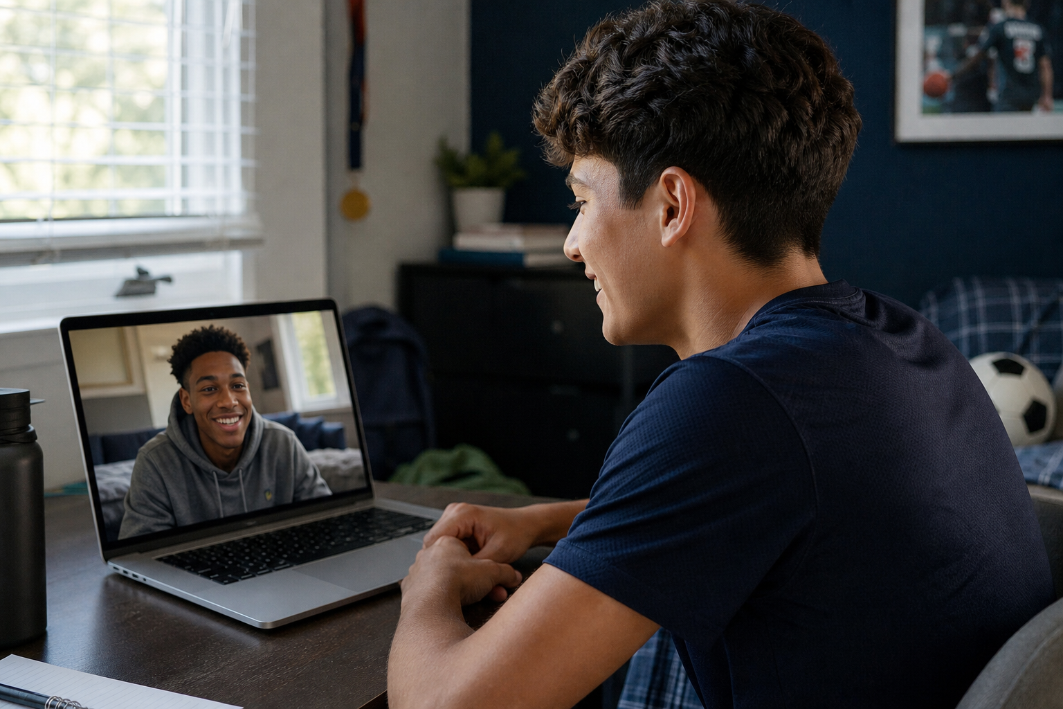 Teen athlete on a virtual mentorship call with a mentor one level ahead