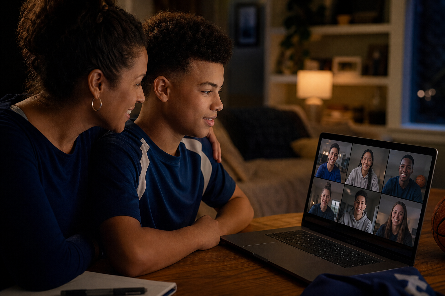Athlete and parent watching a Sports Mentorship virtual huddle together